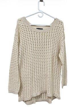 Addition Elle Open-Weave Crewneck Sweater - Cream With Sparkle Sequins